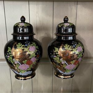 Vintage Japanese Ginger Jar Vase Set Peacock